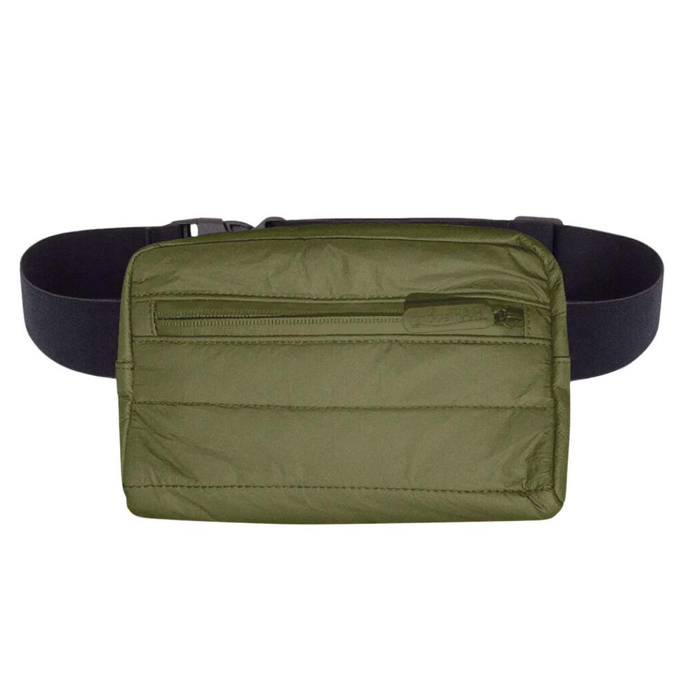 NEW HI LOVE TRAVEL women's puffer fanny pack in shimmer army green
